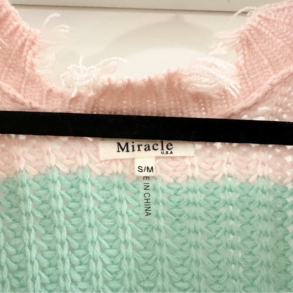 Miracle Destroyed Hem Color block V Neck Sweater sz Small Medium pink green blue - Picture 5 of 14